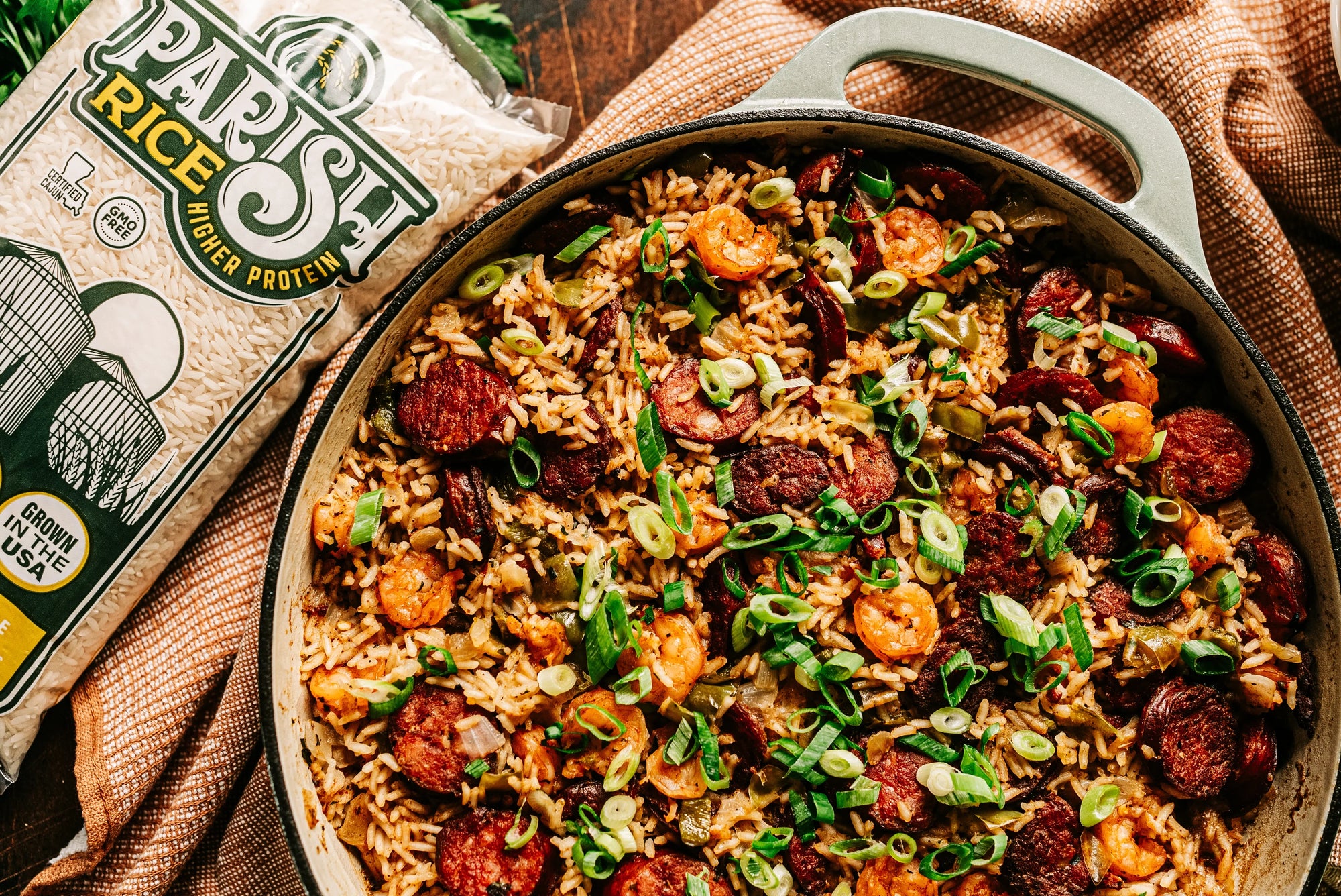 Cajun shrimp and sausage jambalaya with Parish Rice