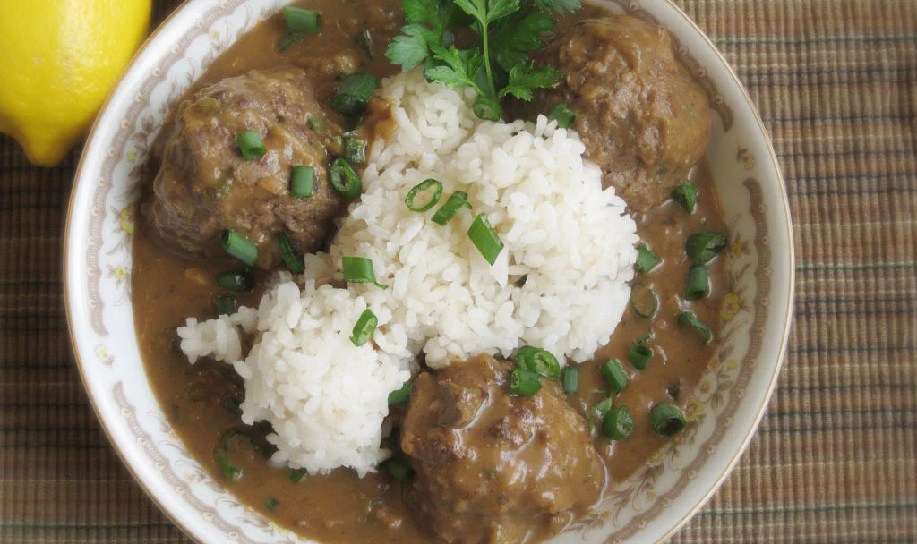 Meatball stew served with Parish Rice