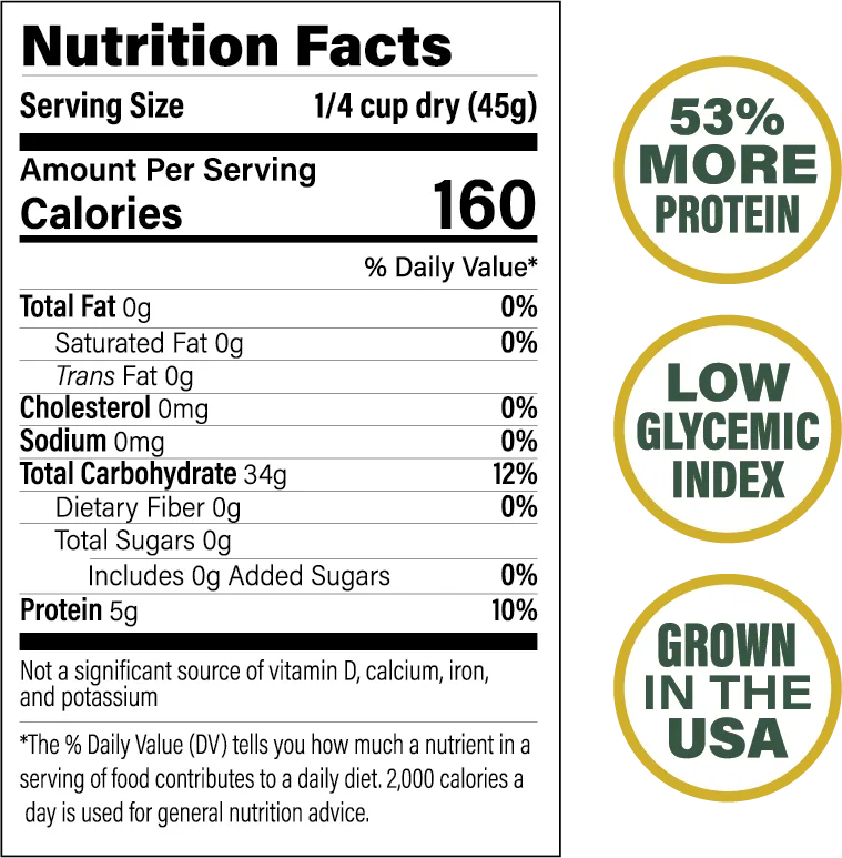 Nutiritional facts back of rice showing protein carb and fat content