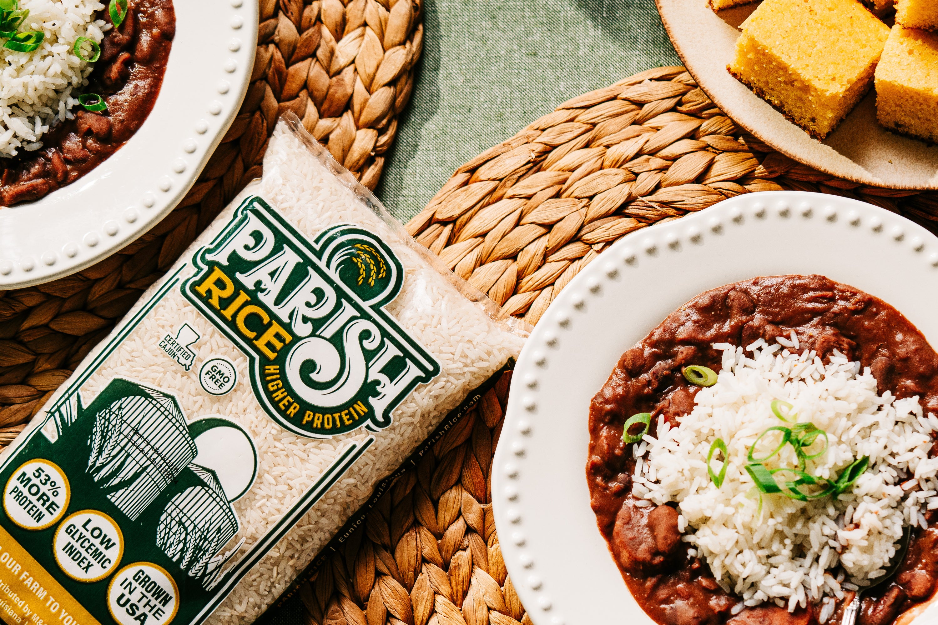 Parish Rice served with red beans and rice on plate